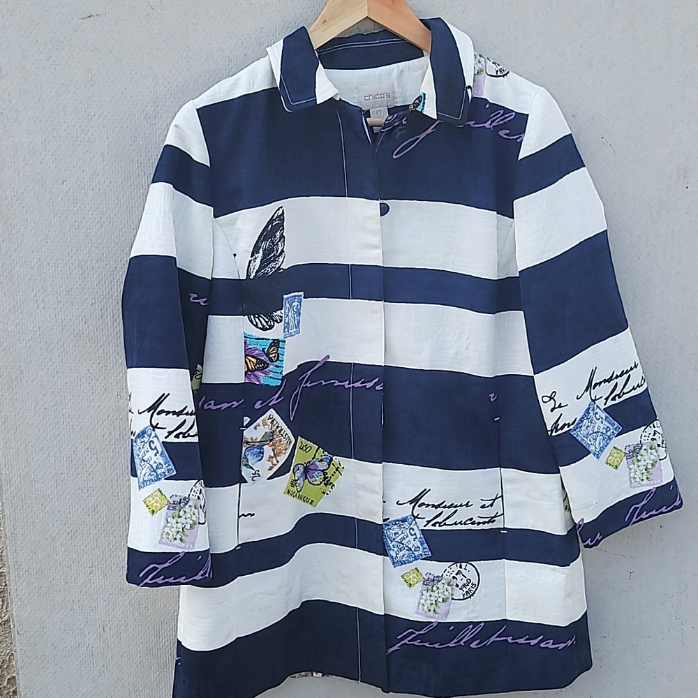 Chico's Nautical Whimsical Postcard Striped Jacket SZ 4/5